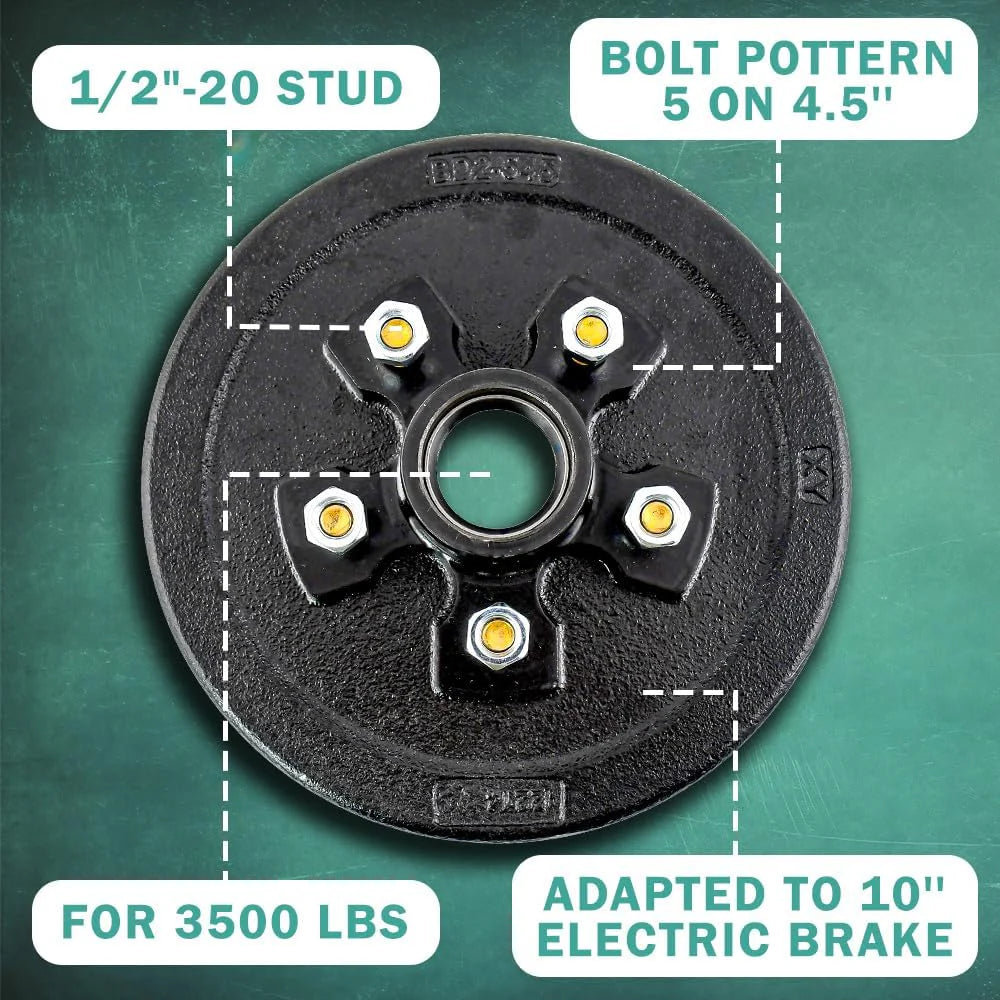 3500 Lbs Axle Trailer Brake Hub Drum Kit 10" X 2-1/4" 5 on 4.5" - 22001K 008-247-05, 84546