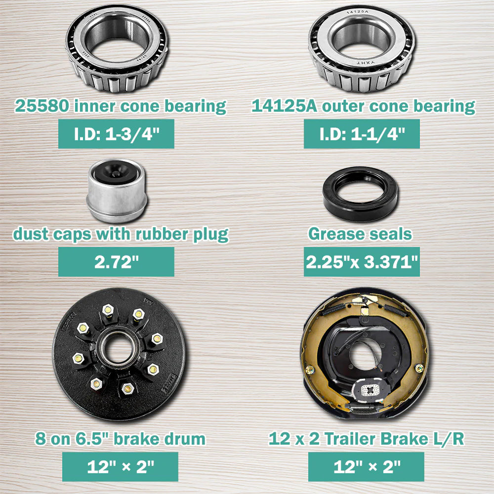 7000lbs Axle Electric Trailer Brake Kit - 12" with 8-6.5" Hub Drum