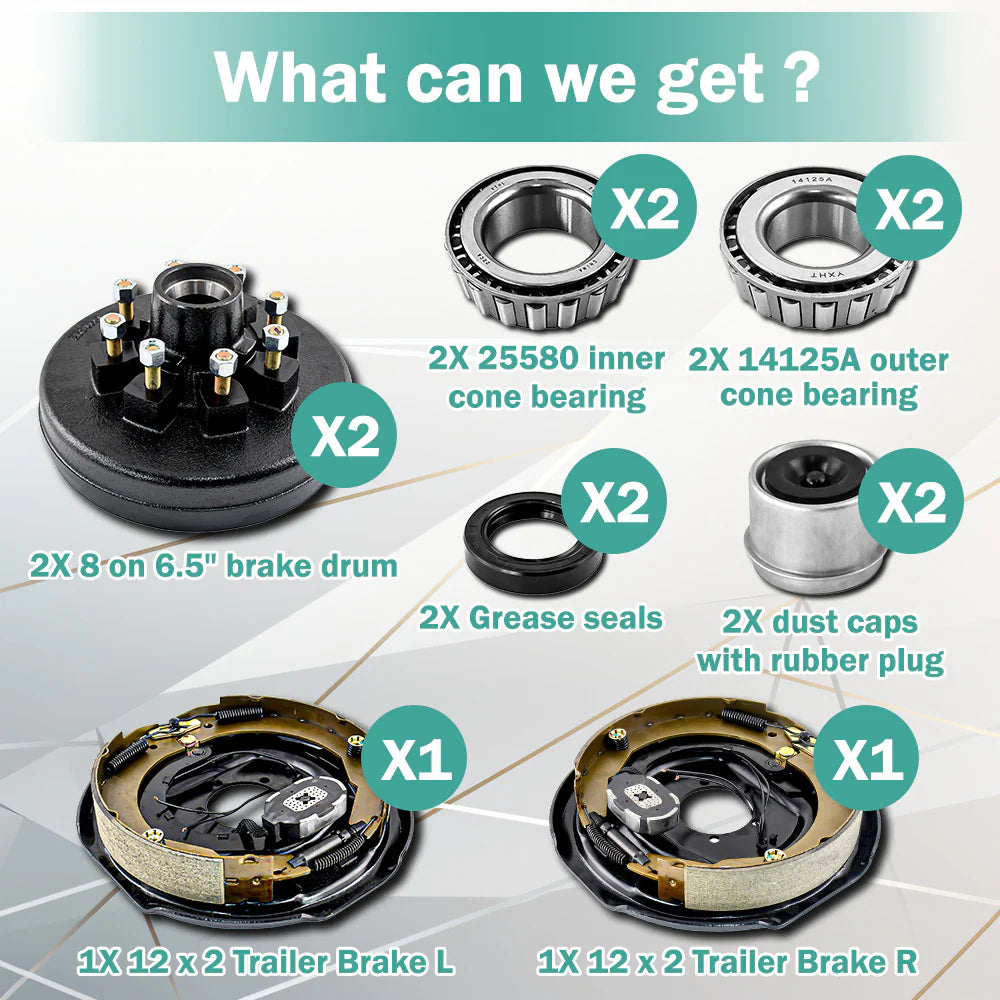7000lbs Axle Electric Trailer Brake Kit - 12" with 8-6.5" Hub Drum