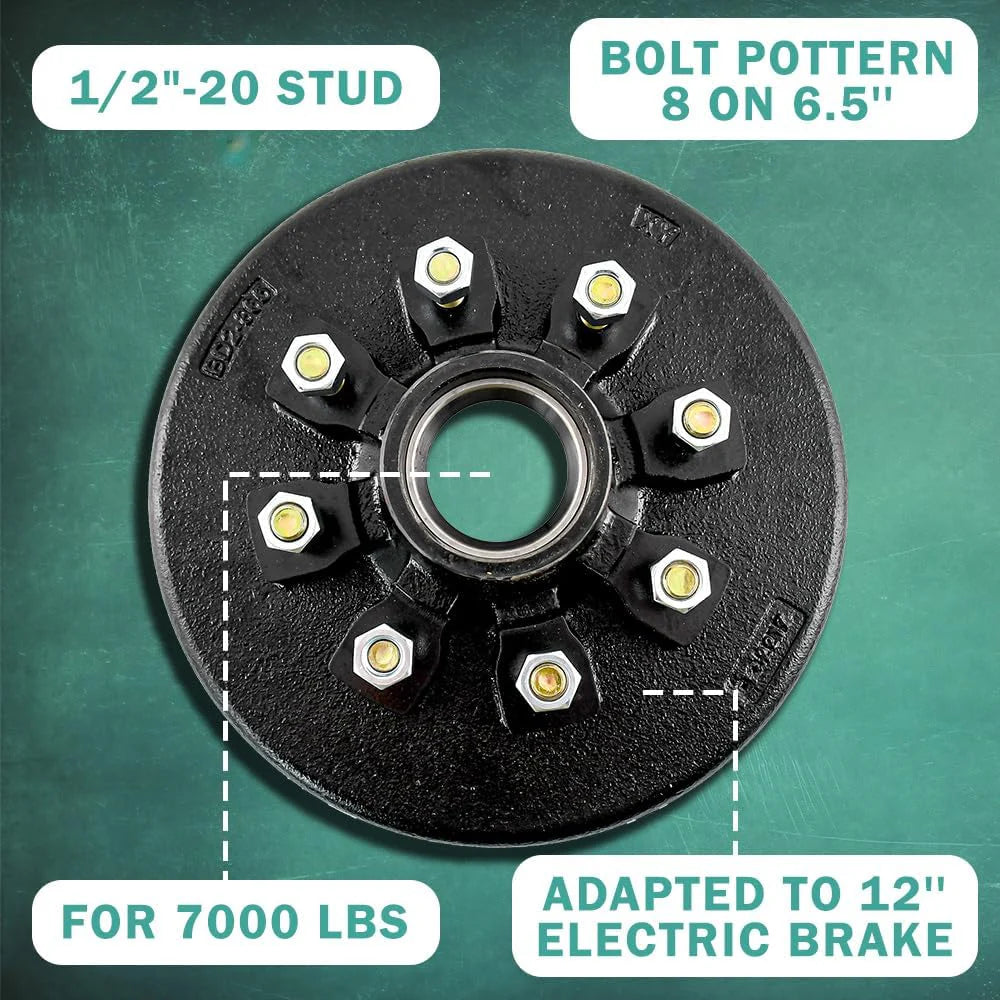 Heavy Duty Trailer Brake Drum & Hub 12"x2" 8 on 6.5" Bolt Circle for 7000 lbs Axle - 008-219-04, 22004k